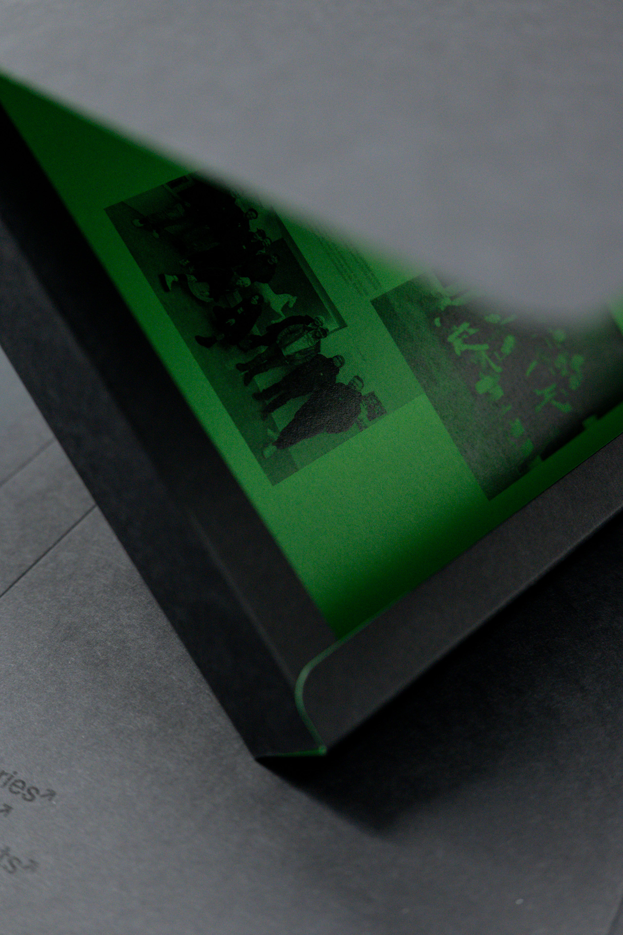 Nahaufnahme eines teilweise geöffneten schwarzen Ordners, in dem ein grün bedrucktes Blatt mit Fotos und Text zu sehen ist.